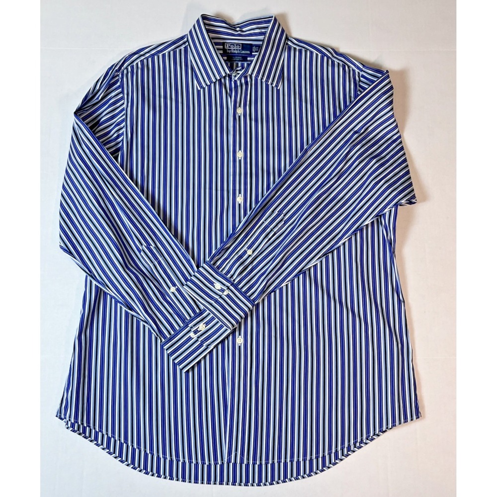 Polo by Ralph Lauren Dress Shirt Curham Classic Fit 17 1/2 34 35 Blue Striped LS - Picture 2 of 3